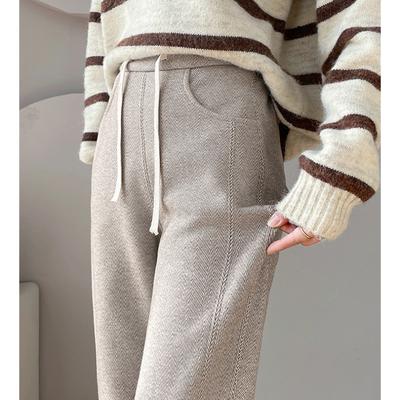 Women's Herringbone Fleece-Lined Wide-Leg Pants Spring Autumn and Winter New High Waist Narrow Sheep Wool Straight Pants Casual Pants