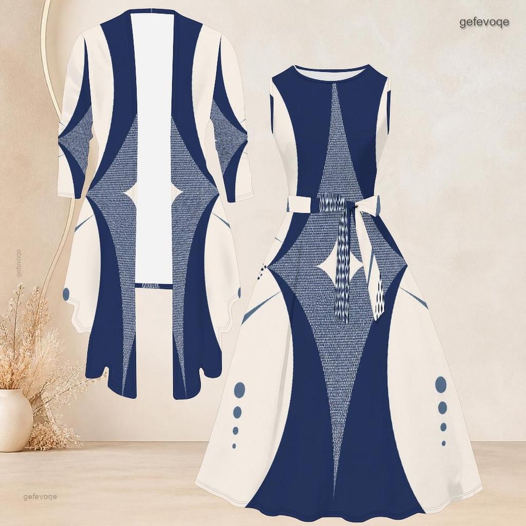 Women Plus Size Off White Printed Two Piece Set Sleeveless Round Neck Tie Waist Flare Dress And Long Sleeve Open Cardigan