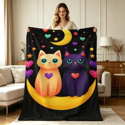 All Season Flannel Blanket with Cute Cat Moon Heart Star Print Soft Warm Throw Blanket for Couch Sofa Bed Office Home Decor
