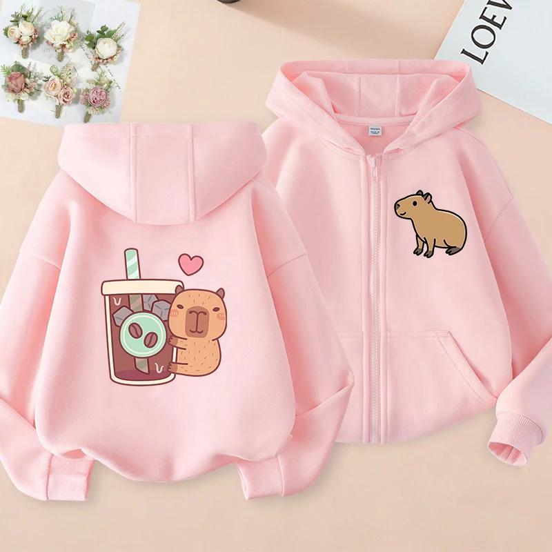 Cute Capybara Graphic Zip Hoodie for Girls Kids Cartoon Animal Print Long Sleeve Hooded Jacket With Pocket Loose Daily Outfit
