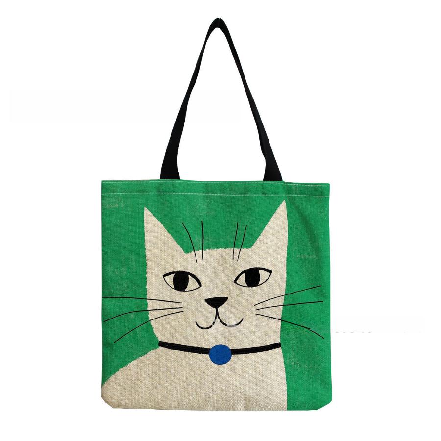 Women Vintage Linen Tote Bag - Large Capacity Cat Print Shoulder Handbag for Casual & Grocery Shopping KTB