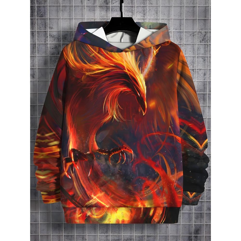 Fire-Inspired Digital Print Hooded Sweatshirt for Boys Casual Polyester and Spandex Blend with Long Sleeves Slight Stretch