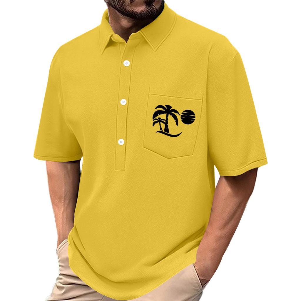 Men's Summer Solid Color Print Four-sided Stretch Lapel Button Pocket Shirt Casual Sports Short-sleeved Top