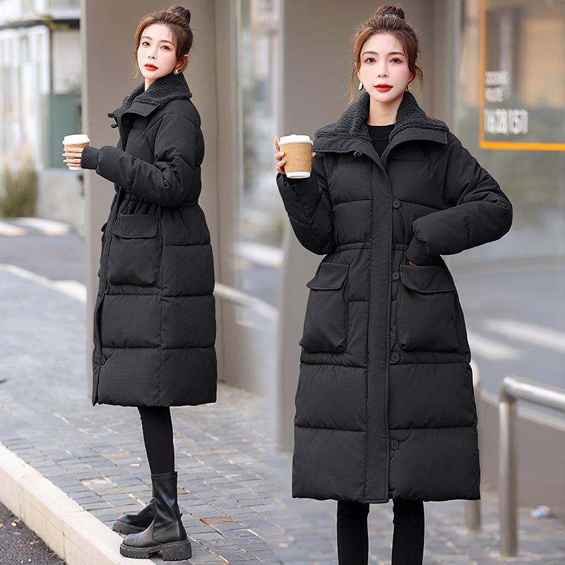 Winter Lapel Down Cotton-padded Jacket Girls' Long-length Over-the-knee Thickening New Loose Waist Cotton-padded Jacket Coat
