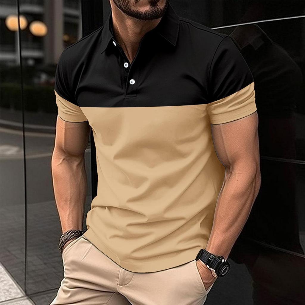 New Fashion Men's Casual POLO Shirt Fashion V-neck Button Business Colour Blocking T-shirt Tops