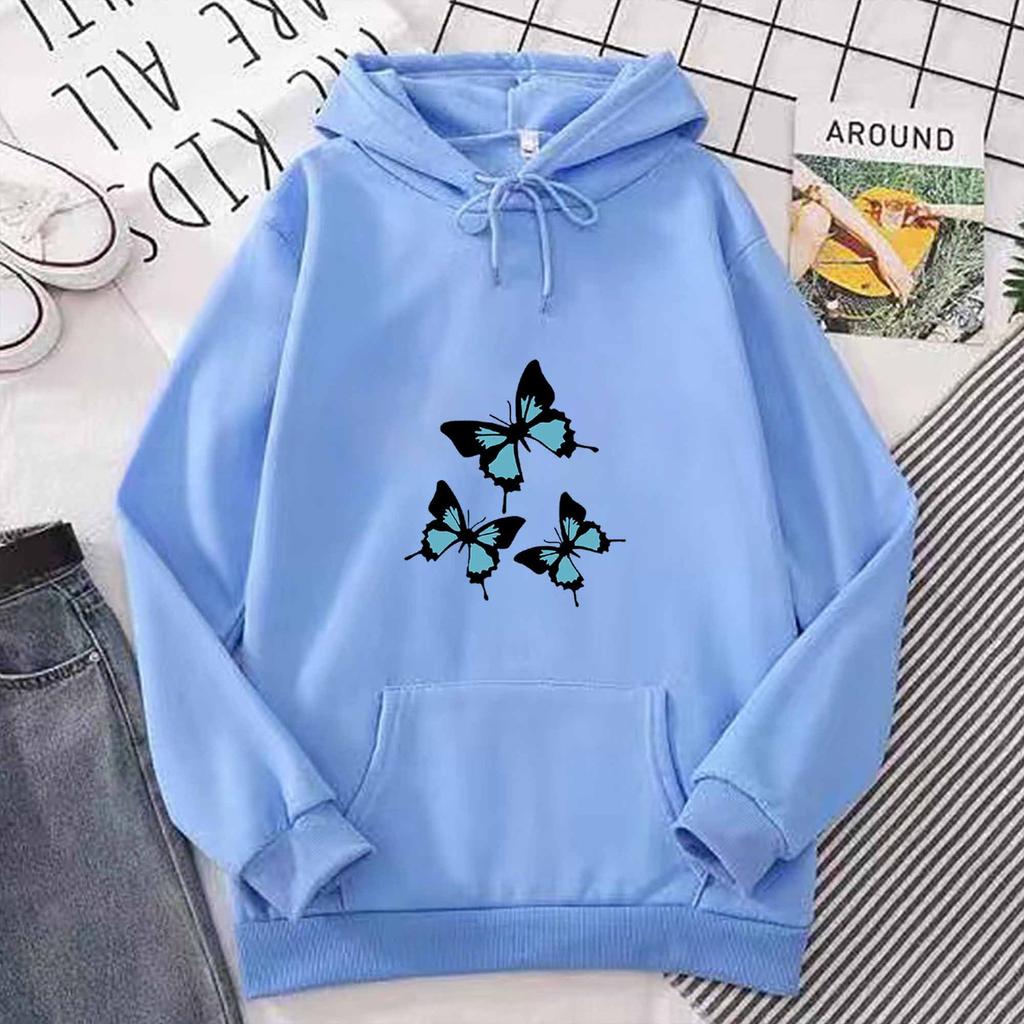 Autumn and Winter Black and Blue Butterfly Print Hoodie Sweatshirt for Men and Women Couples Korean Style Trendy Tops