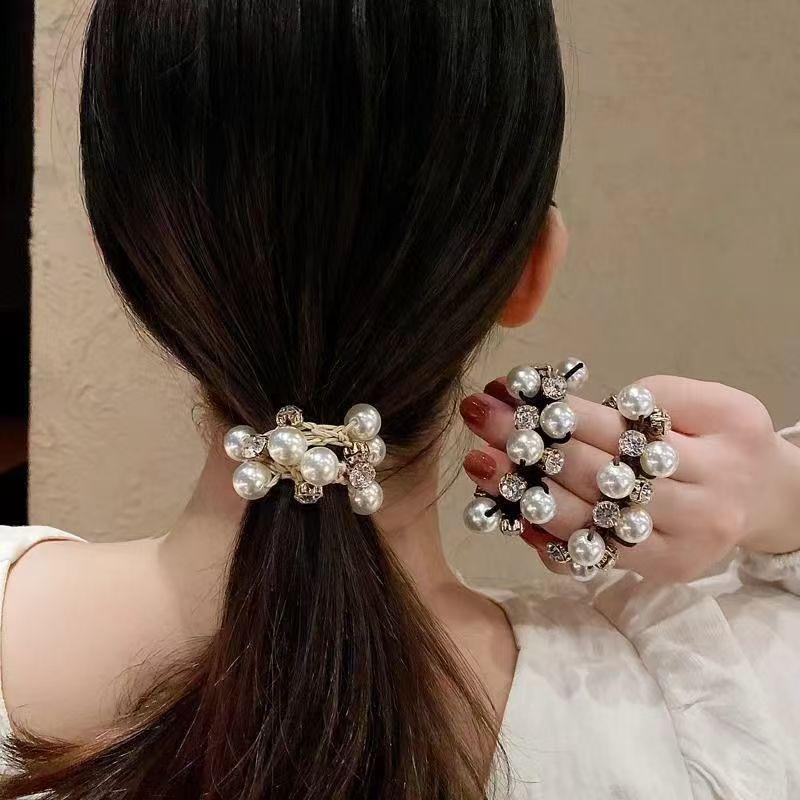 3Pcs Pearl Brimmed Hair Tie Glitter Rhinestone Decor Hair Rope Retro Style Scrunchies for Women