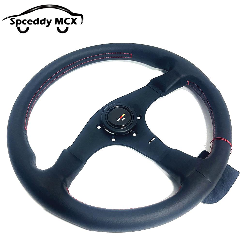 Racing Drift Sport Steering Wheel Real Leather 14inch With Red Stitching 350mm Diameter For Car Universal Modified