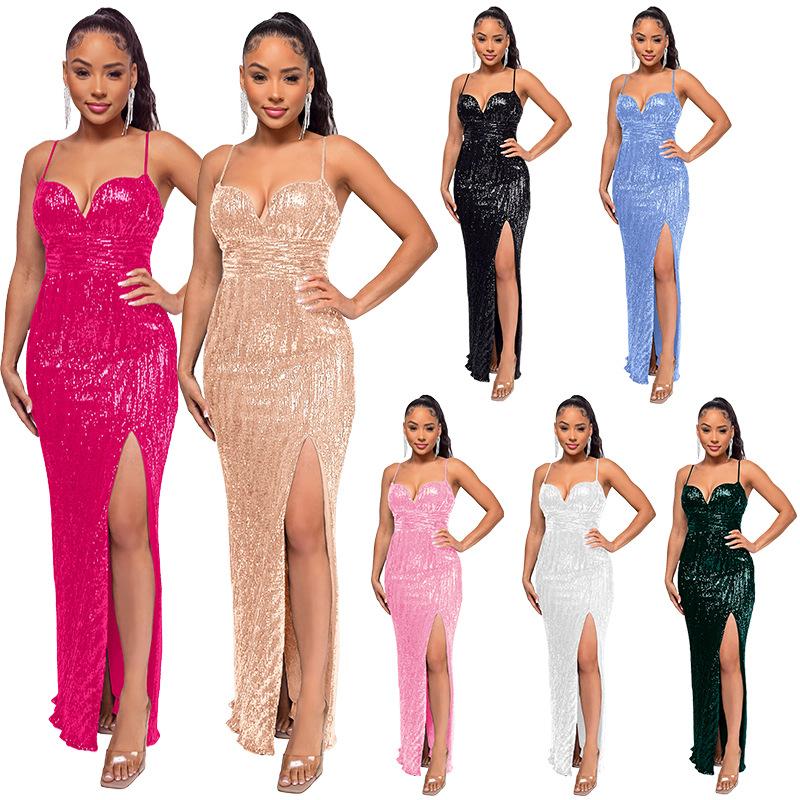 Skirt Women's Summer Deep V Halter Split Suspender Skirt Temperament Sequin French Dress Summer Women