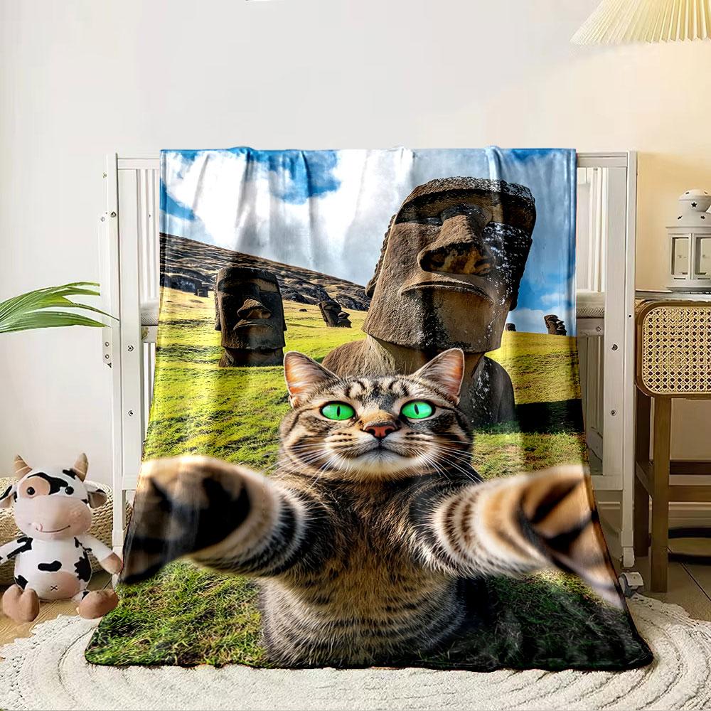 A cat with green eyes takes a selfie with Easter Island statues behind. for all seasons blanket lunch break throw gift 80cm x 120cm