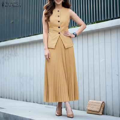 Women Sleeveless Vest Tops and Pleated Skirts Casual Two Piece Suit Sets