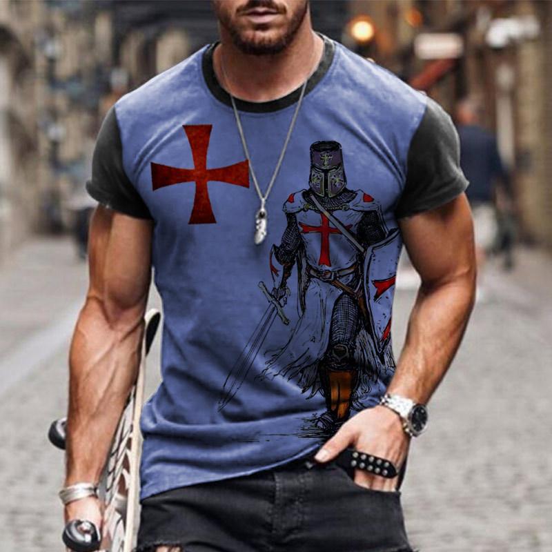 Summer Round Neck 3D Templar Knight Pattern Printed Top Fashionable Casual Short Sleeved Men's T-shirts