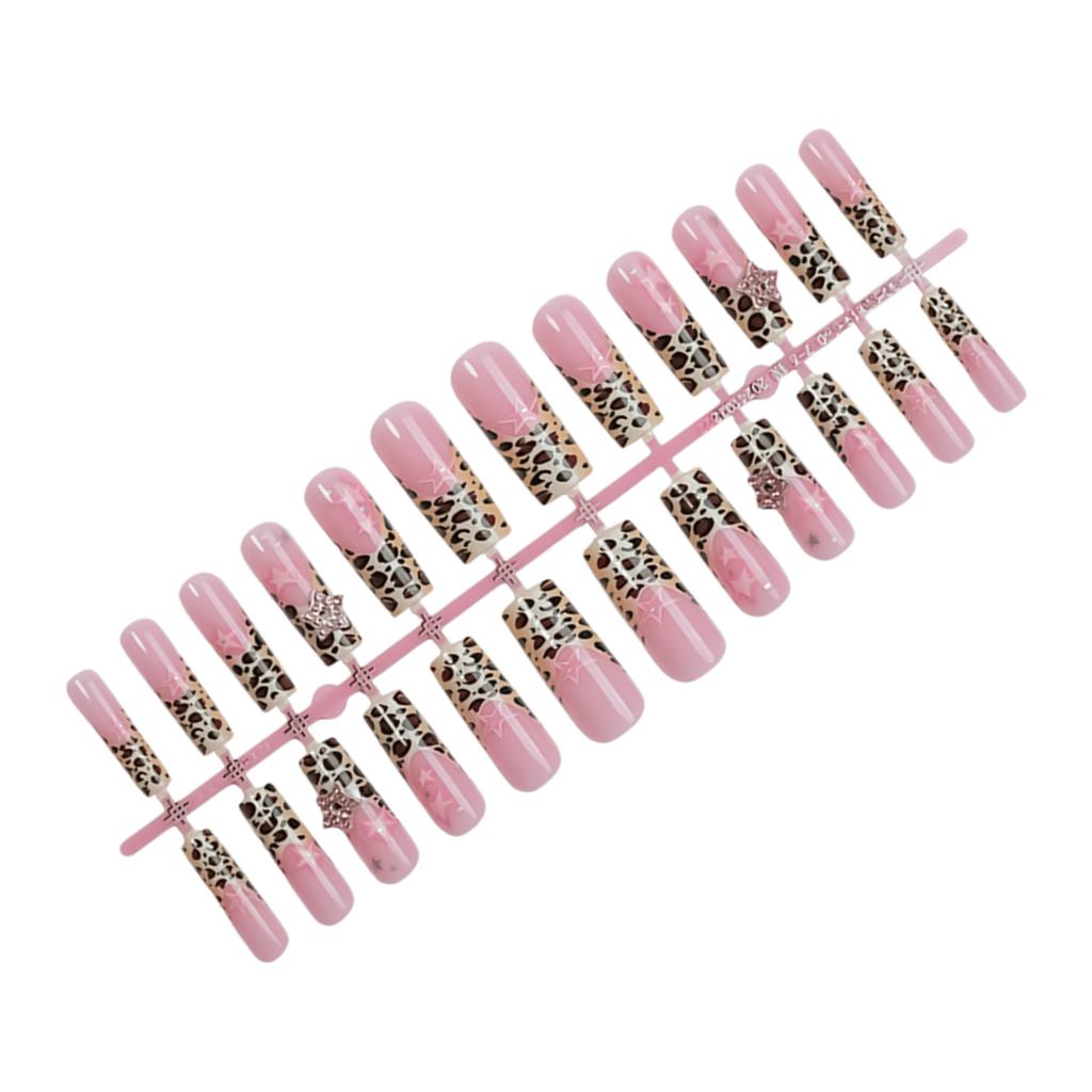 Pink Long False Nails with Leopard Tip Charming Comfortable To Wear Manicure Nails for Shopping Traveling Dating