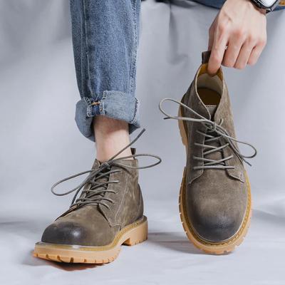 Mode Lyxmärke Retro Cowboy Stövlar Snörning Hög Kvalitet Utomhus Grå Ökenstövlar Herrar Tjock Sula Ko Mocka Läder Stövlar
