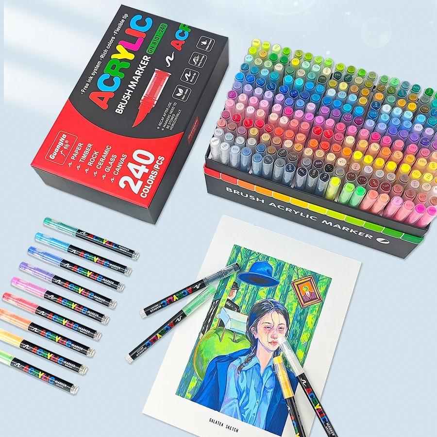 12-408 Colors Acrylic Paint Markers Flexible Brush Acrylic Markers Set for Rock Wood Canvas Glass Stone Painting Art Supplies