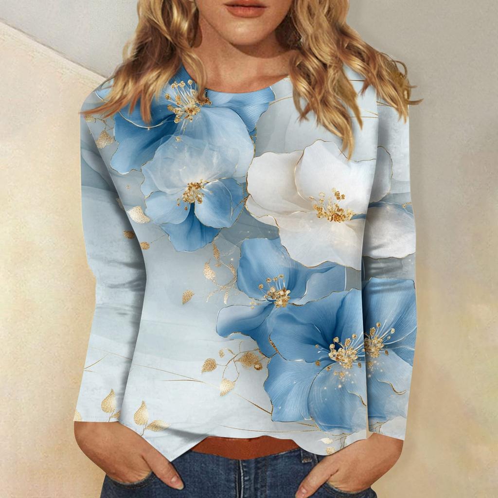 Women's Fashion Casual Long Sleeve Round Neck Floral Print Top