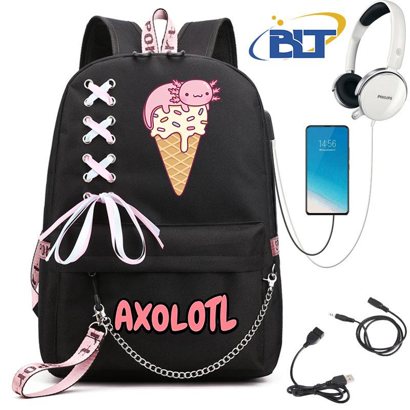 Cute Axolotl Printed Student Schoolbag for Girls Black Backpack Usb Kids Casual Bag Back To School Gift