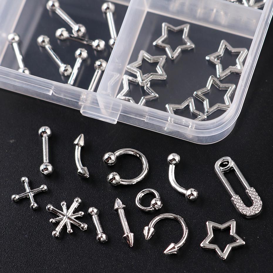 Xiaomi 12 Grids Punk Metal Nail Charms Multi‑style Silvery Gothic Star Snowflake Pins Punched Rivet Y2K Nails Decoration Nail Supplies