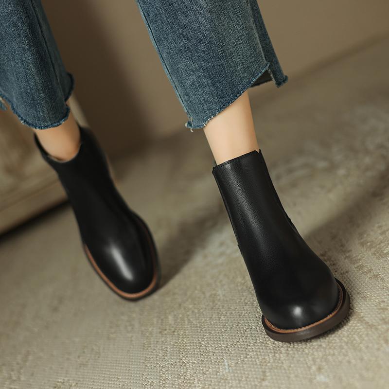 Krazing Pot Cow Skin Autumn Winter Shoes Concise Thick Heels Size 43 Size 42 Chelsea Boots Round Toe Slip on Retro Ankle Boots