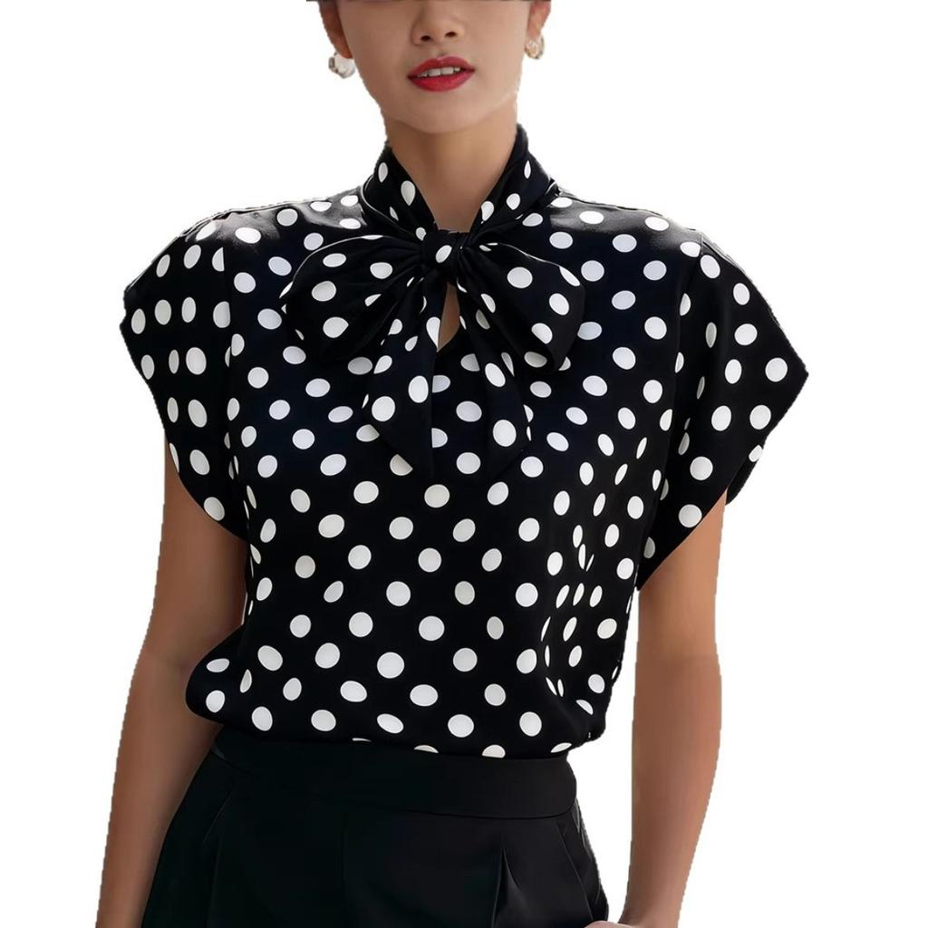 Summer Polka Dot Short Sleeve Lace-up Blouse Shirt Women's Casual Fashion Top for Outdoor Daily Wear