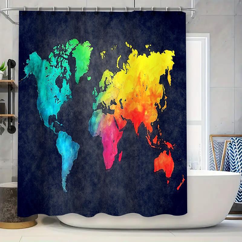 

World Map Shower Curtain Abstract Globe Pattern Bathroom Decor Washable Waterproof Scenic Wall Art Travel Theme Home W60H190(CM)-1 Pcs