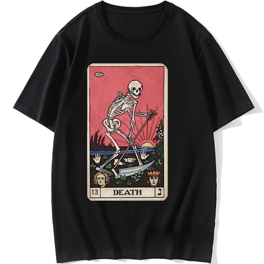 Harajuku Retro Death Tarot TShirt for Men Clothing Major Arcana Halloween Clothes Spooky Skeleton Creepy Tee Ropa Hombre Custom