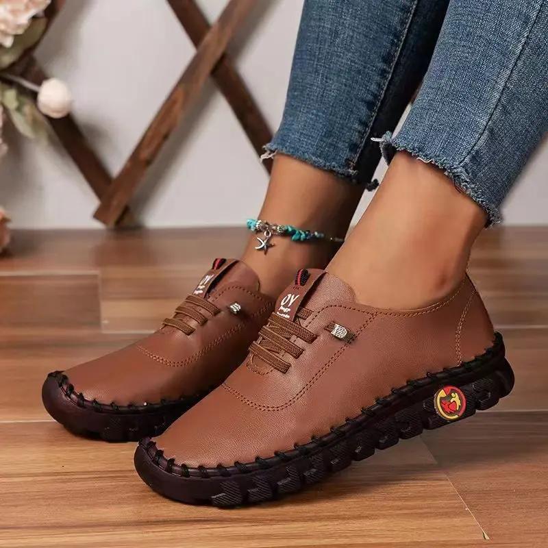 Sneakers Women Shoes Loafers Lace Up Leather Flat New Spring 2025 Casual Comfortable Mom Shoes Mujer Zapatos Chaussure Femme