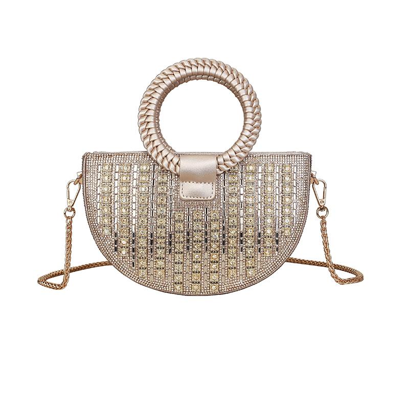 

Rhinestone Evening Sparkly Crystal Handbag for Women Fashion Gold Chain Crossbody Purse Party Wedding Braided Round Clutch Bags