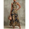 Damen High Neck Ärmelloses Maxikleid mit Barockdruck Schmal geschnitten Hohe Taille Elegant Party Abendkleid