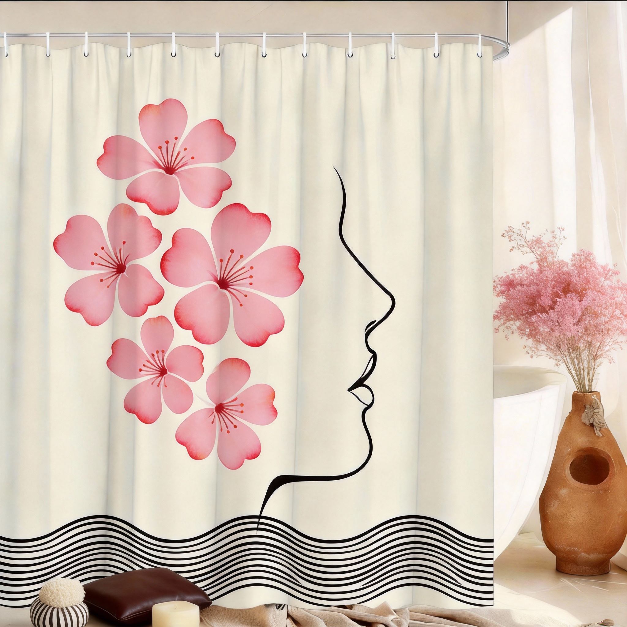 

Minimalist Women S Side Face Shower Curtain Abstract Line Leaf Pattern Polyester Shower Curtain 12 Hook Bathroom Decoration W60H190(CM)-1 Pcs