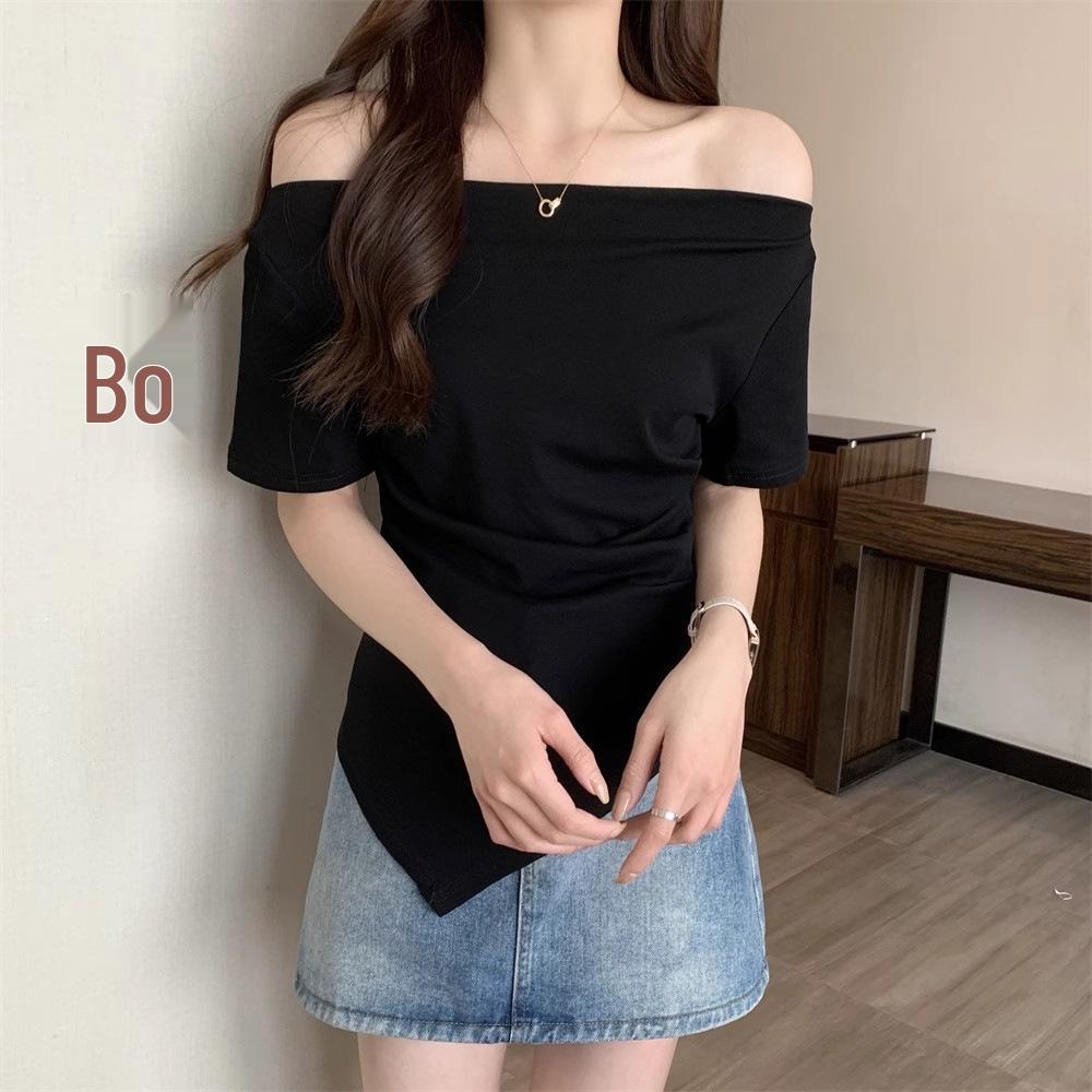 2025 Women’s Irregular One-Shoulder Slimming Loose French Style Off-Shoulder Short-Sleeved Top