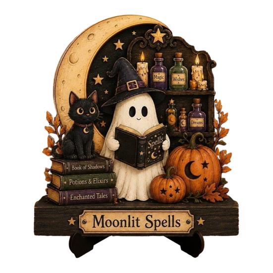 Oggetti di Scena Fotografici Stagionali Autunnali, Statuetta Fantasma Lettore di Halloween, Statua in Legno Retrò, Ornamento Decorativo Vintage per Scrivania e Libreria con Libri Impilati per