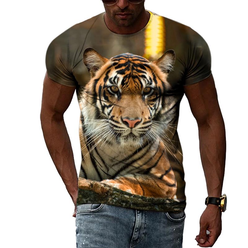 Fashion Handsome Animal Tiger Print Men T-shirt Summer Trend Casual Personality Hip Hop Street Style O-neck Short Sleeve T-shirt