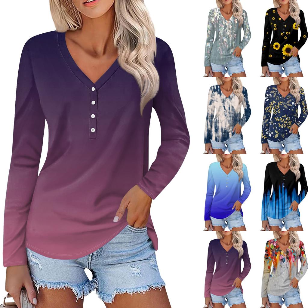 Dámská móda ležérní top s květinovým potiskem s dlouhým rukávem a výstřihem do V