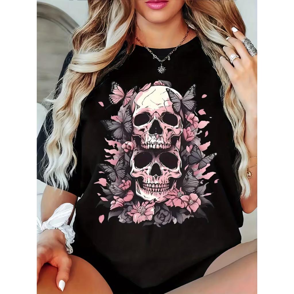 Women's Casual T-Shirt, Round Neck, Short Sleeved, Skull Print, Comfortable Top for All Seasons