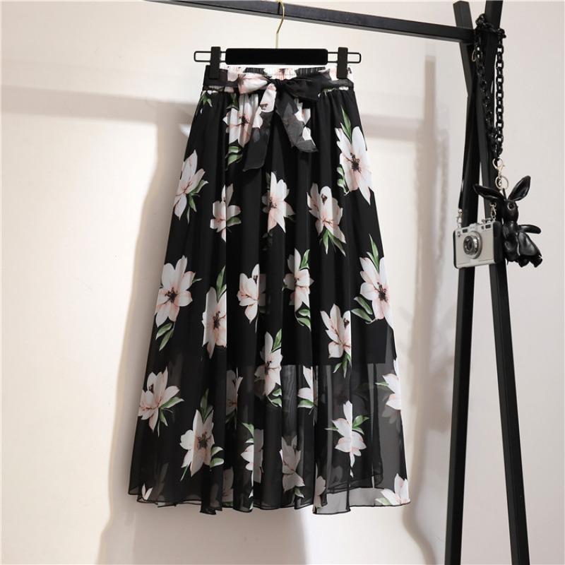 Bohemian Chiffon Half-length Dress for Spring and Summer Mid Length High Waist Fairy Floral Large Swing Skirt Beach Skirt