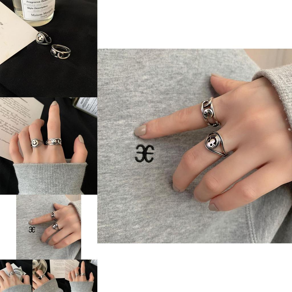 Retro Geometrisches Smiley-Gesicht Minimalistischer Ring Modischer 925er Echtsilber Für Damen