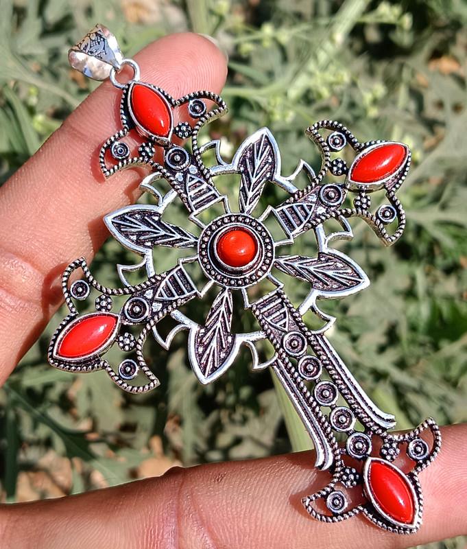 

Red Coral Gemstone 925 Sterling Silver Plated Cross Designer Pendant JU-24