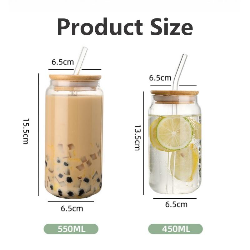 450ml/550ml Glass Cups with Bamboo Lids and Straw 1pc Mason Jars Coffee Mug Beer Can Shaped for Cocktail Milk Juice Cola Gift