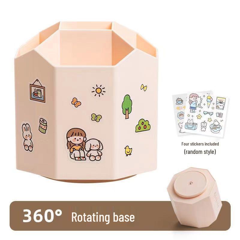 Double-Layer Rotating Pen Holder - Large Capacity, Cute Design for Student Desktops