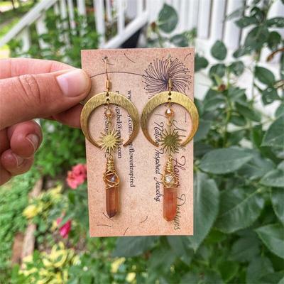 Natural Quartz Earrings, Sunburst, Golden Crescent, Bohemian Goddess, Witch, Wika, Free Spirit, Celestial Jewelry