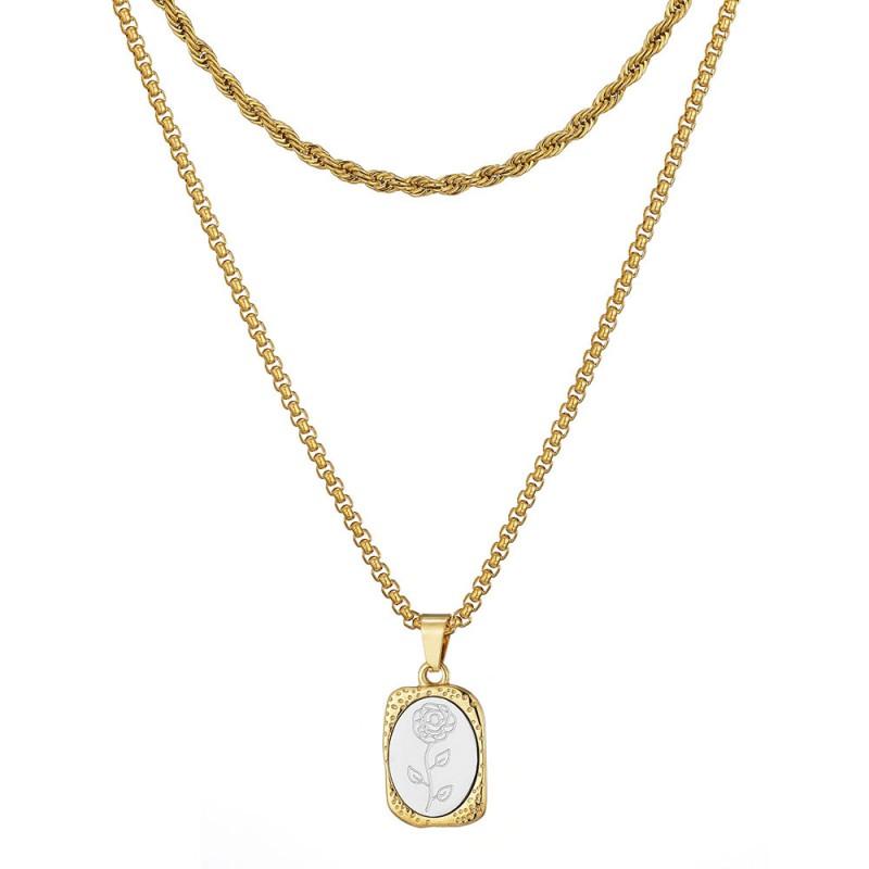 Vintage Floral Titanium Steel Necklace With Engraved French Mirror Square Pendant Layered Locket Chain Women