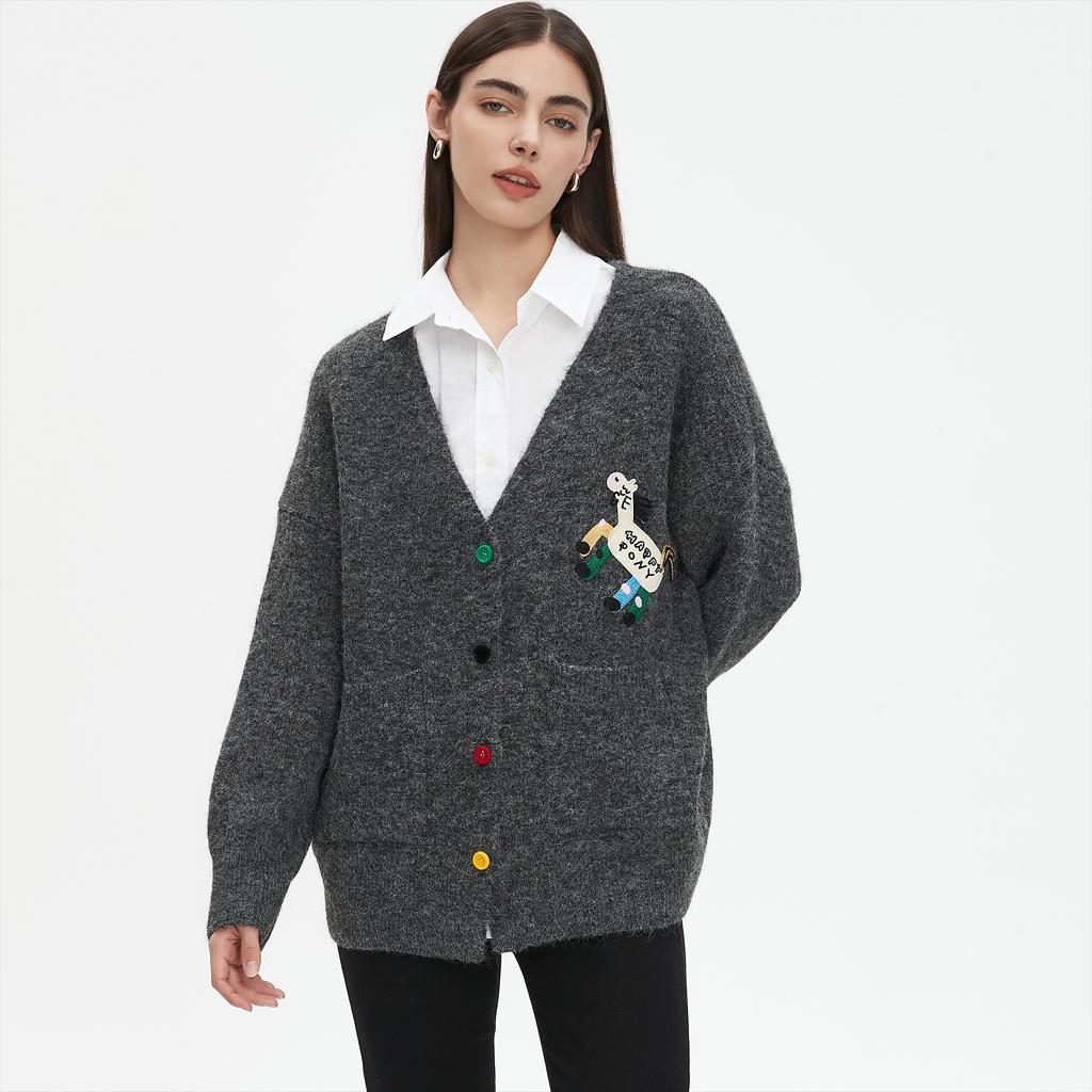 Dimanaf 2025 Sweaters Buttons Embroidery Print Cardigan Autumn Pockets Women Print Sweaters Knitting Loose Sweater