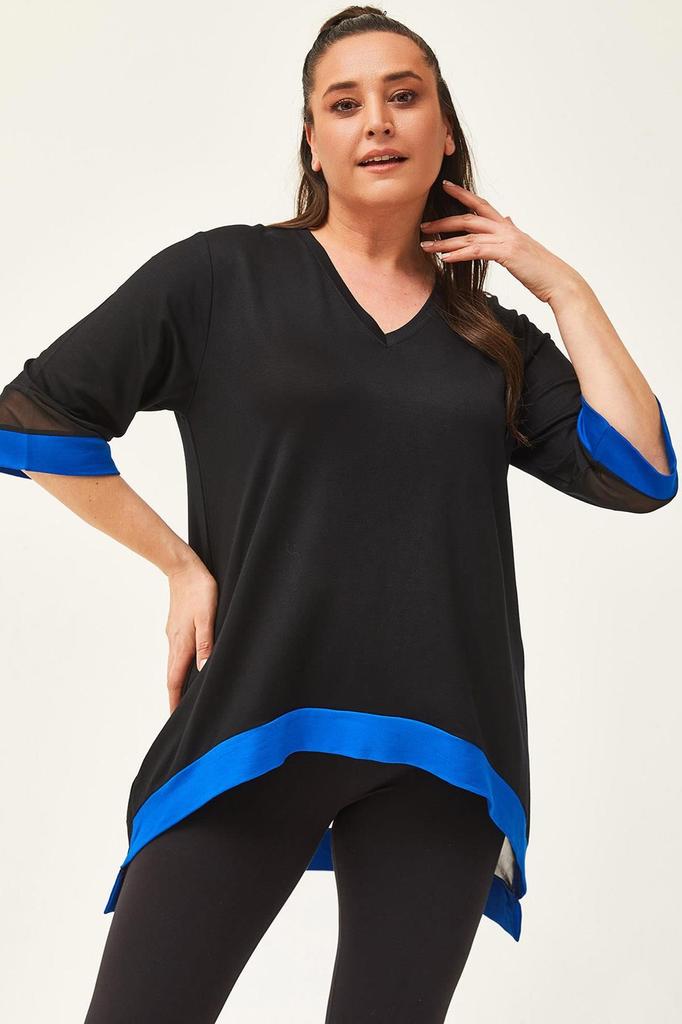 Women's Big Size Blouse Plus Size Black-Green Blouse with Tulle Detail On Sleeves and Skirt