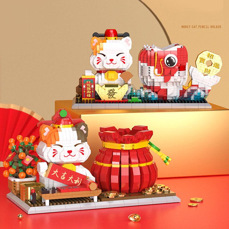New Year Gifts Lovely Cartoon Micro Diamond Block Fortune Lucky Cat Building Bricks Pen Container Nanobrick Education Toys