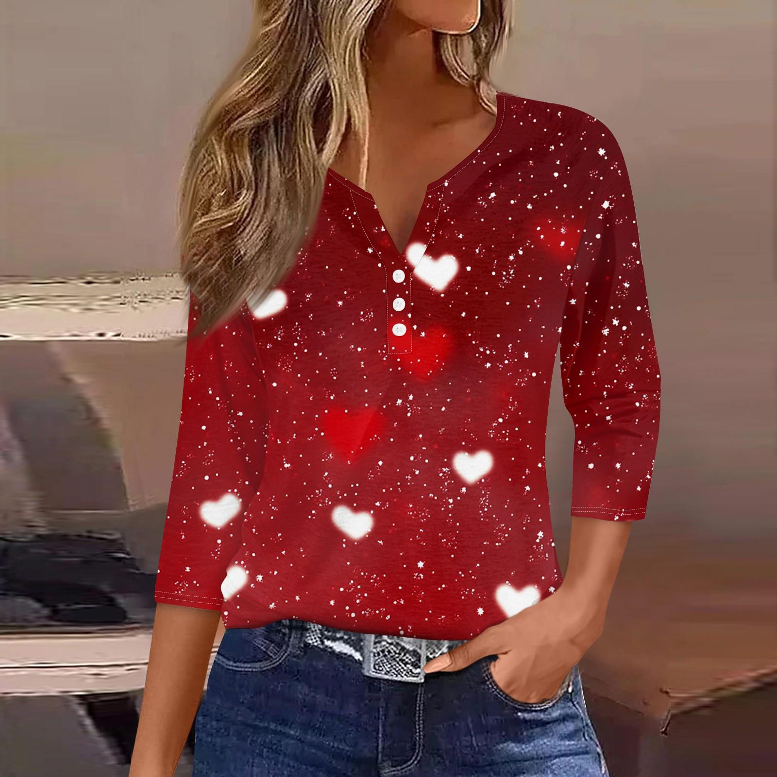 

Женская модная повседневная футболка с V-образным вырезом и декоративными пуговицами на День святого Валентина с рукавом три четверти XXL красный