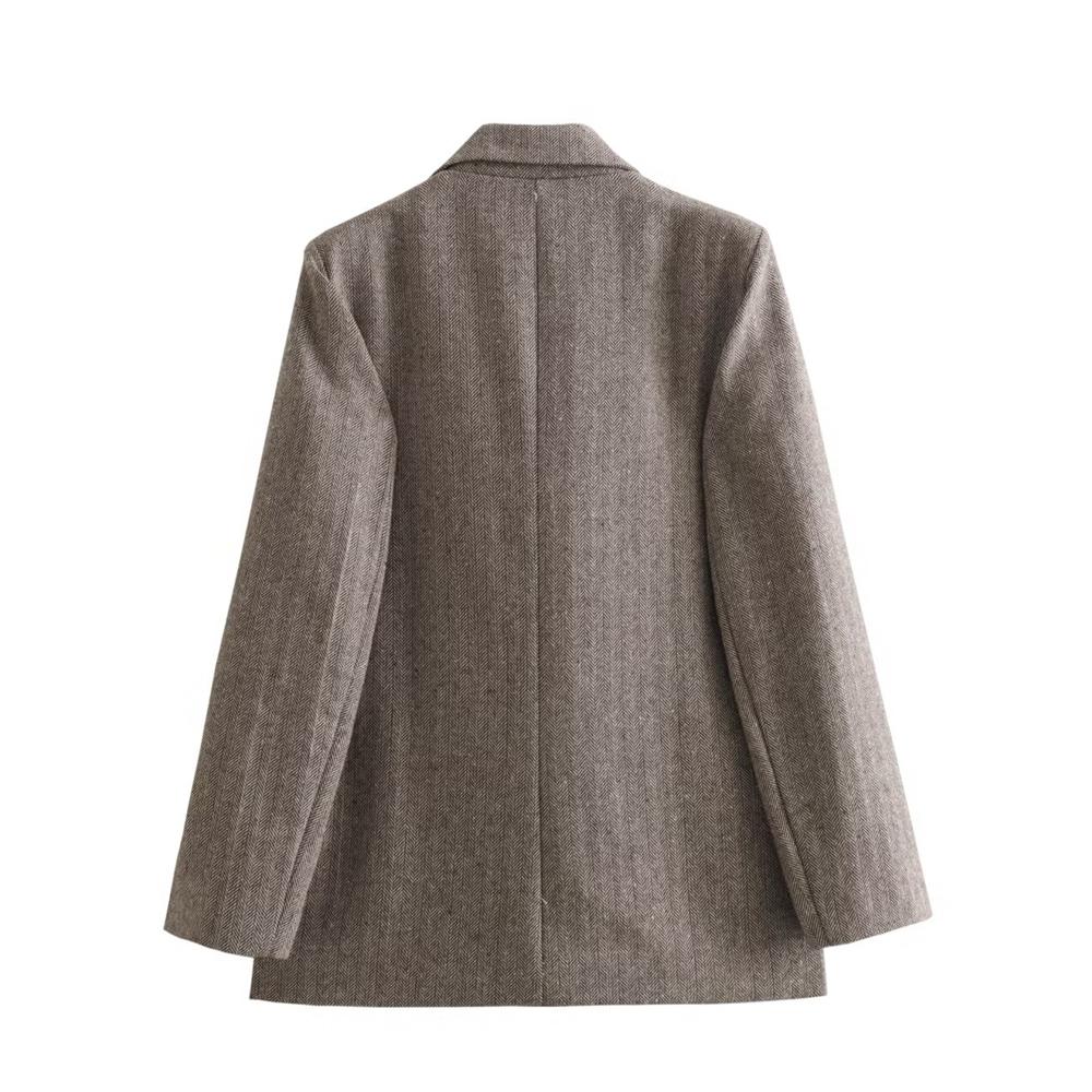 Autumn and Winter Women's Herringbone Twill Straight Suit Jacket Flap Pocket Decoration Casual and Loose