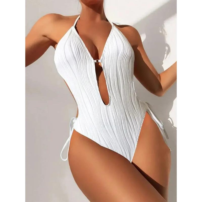 Sexy Halter V Neck Wrinkled Female Swimwear One Piece Swimsuit Women Backless Monokini High Leg Cut Bathing Suit Swim Beach Wear