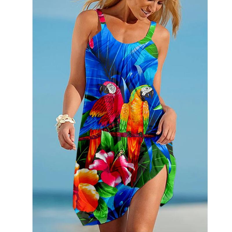 Sunflower Parrot Print Strap Mini Beach Dress Women Boho Summer Sexy Floral Dress Sleeveless Party Evening Dresses