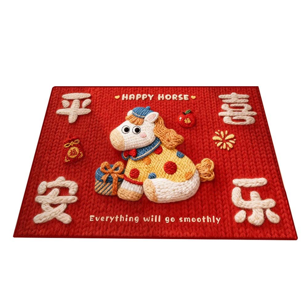 Cute Horse Pattern New Year Door Mat Red Bath Mat Water Absorption Soft Foot Mat Home Decorations